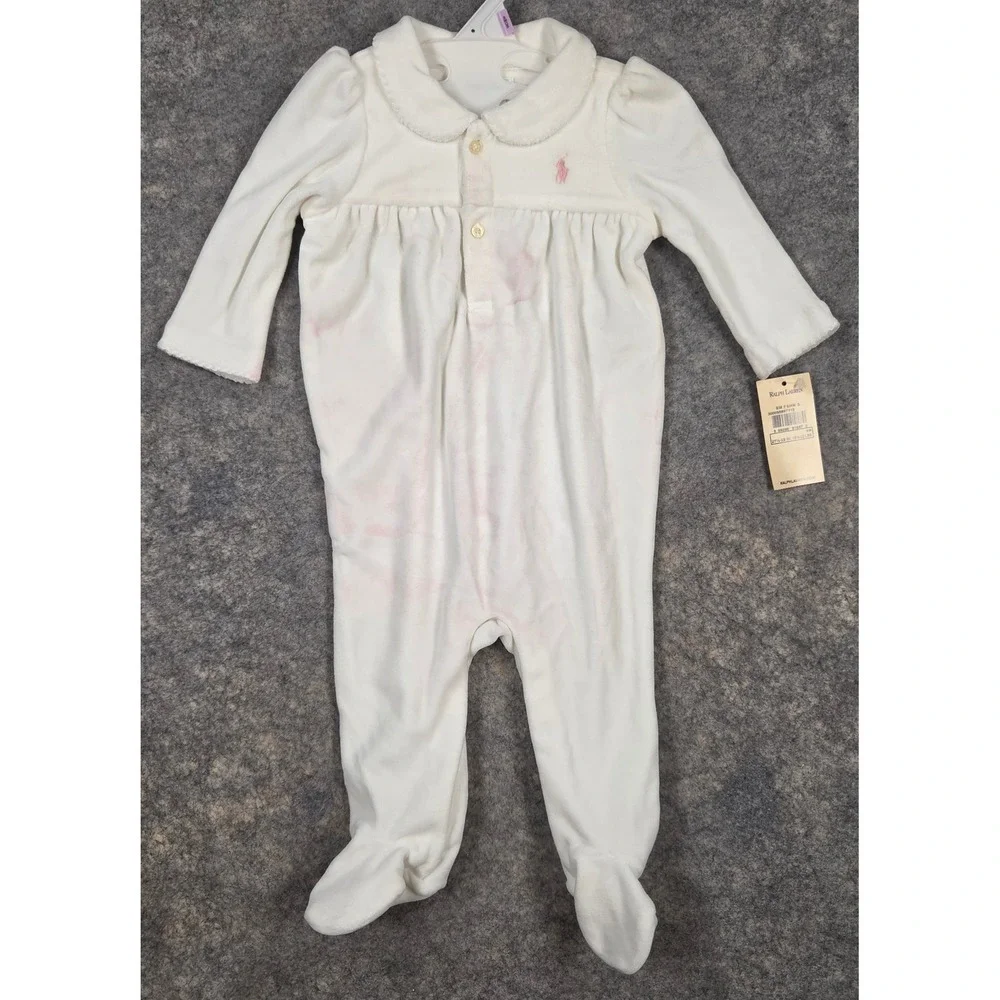 Ralph Lauren Baby Girls White Velour Footed Coverall 9M Pink Pony NWT Stained